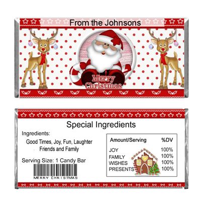 Santa & Reindeer Merry Christmas Personalized Custom Business or Personal Christmas Holiday WRAPPERS and Foils for Chocolate Candy Bars (24)