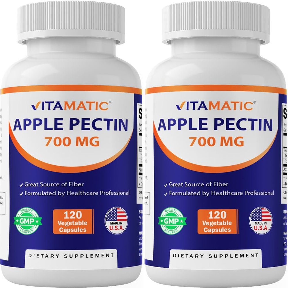 Vitamatic Apple Pectin 700mg  120 Vegetarian Capsules per Bottle | 2-Pack (240 Vegetarian Capsules) Natural Dietary Fiber Supplement  Supports Digestive Health & Regularity*