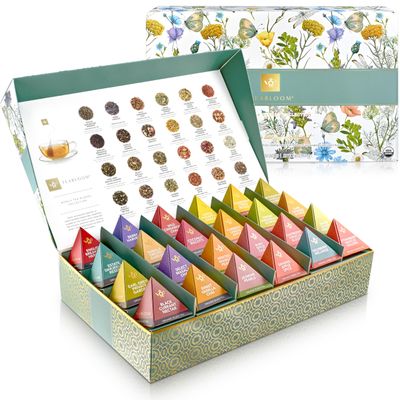 Teabloom - World's Finest Pyramid Tea Collection, 24 Varieties of USDA Certified Organic & Kosher Teas - Black Tea, Green Tea, White Tea, Oolong Tea, and Herbal/Fruit Tea Blends