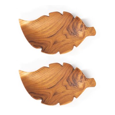Rainforest Bowls Set of 2 Leaf Javanese Teak Wood Appetizer Plates- 7.5"x4.5"- Perfect for Everyday Use- Hot & Cold Friendly, Ultra-Durable, Premium Wooden Plates- Handcrafted by Indonesian Artisans