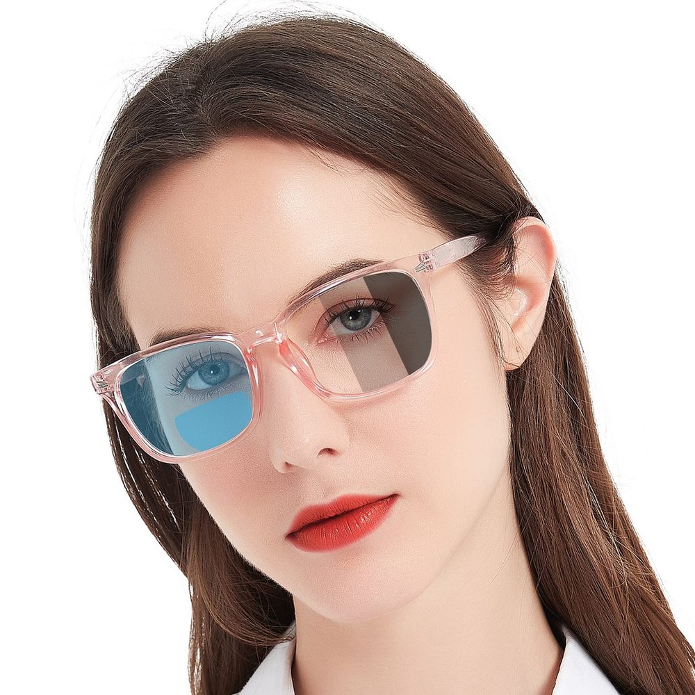 MARE AZZURO Photochromic Bifocal Reading Glasses Women Blue Light Blocking Square Readers Sunglasses 100 150 200 250 300 350 400 (Pink, 3.00)