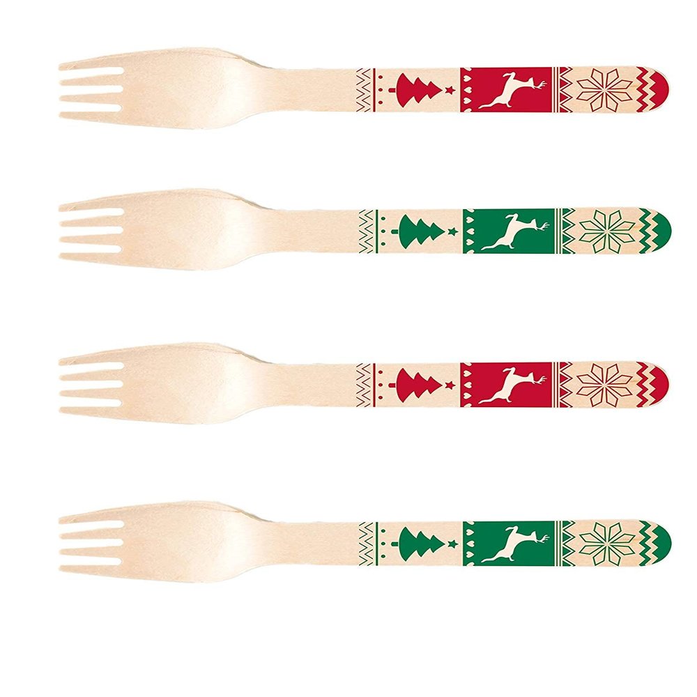 Perfect Stix Wooden Disposable Forks with Christmas Design. Pack of 50 Count. Colors are Red and Green. 6 Inch Printed Wooden Forks