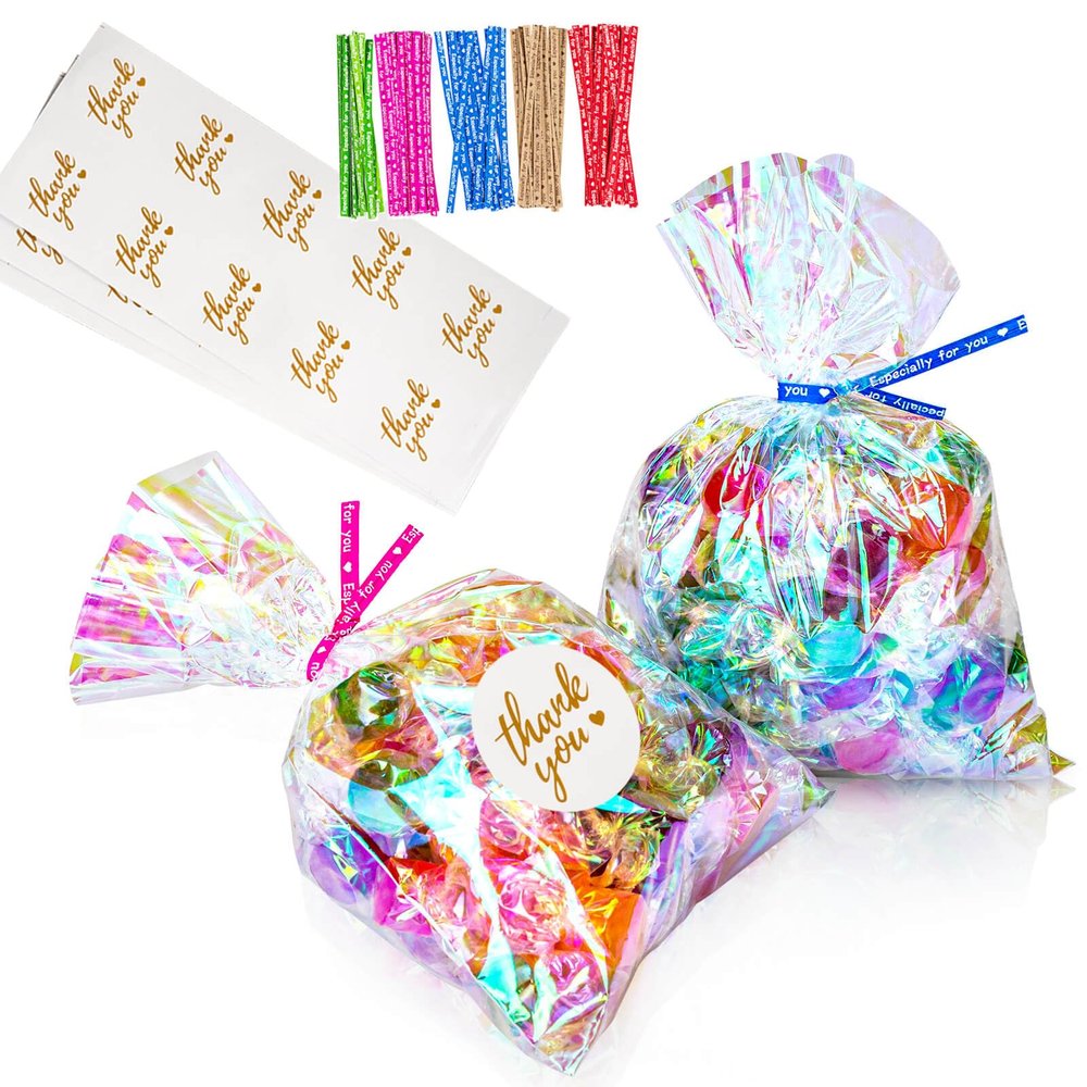 Cherodada Cellophane Treat Bags, 6x9 Inch Iridescent Cellophane Bags with Thank You Stickers and Twist Ties, Celebrations Baby Showers Weddings Birthday Party Gift Wrapping(Pack of 100)