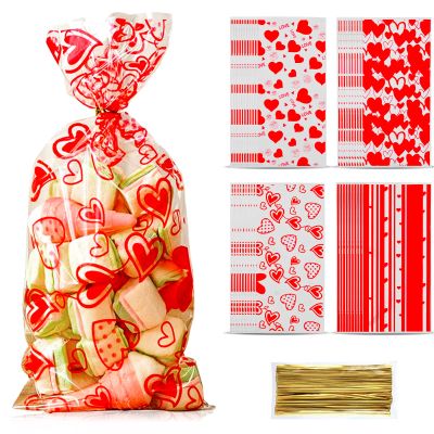 Domkier 100Pcs Valentine Cellophane Gift Bags Candy Bags Treat Bags, 4 Assorted Styles Love Heart Treat Bags with Gold Twist Ties for Valentine Party Supplies (Red)
