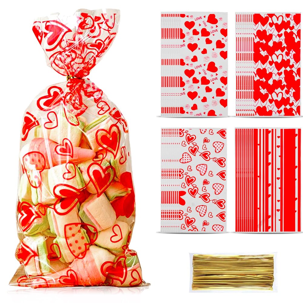 Domkier 100Pcs Valentine Cellophane Gift Bags Candy Bags Treat Bags, 4 Assorted Styles Love Heart Treat Bags with Gold Twist Ties for Valentine Party Supplies (Red)
