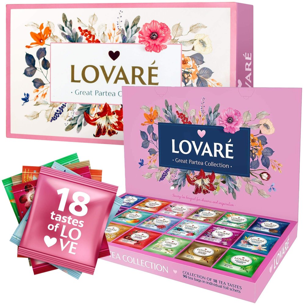 LOVARE Tea Bags Variety Pack - Made in Ukraine - Black and Green, Floral Berry, Mixed Blend, Herbal Blend Assorted Collection - Tea Sampler - Gift Sets for Tea Lovers (90 Bags - 18 Tastes)