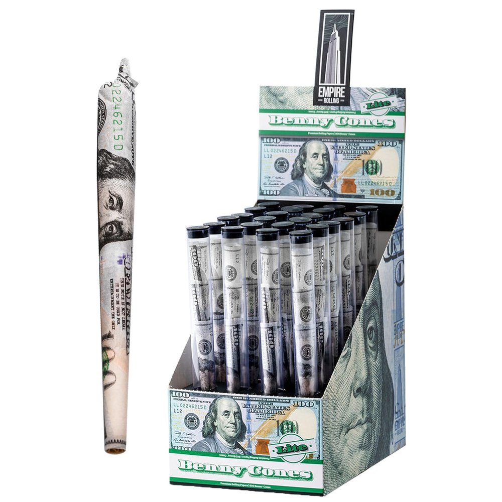 Empire Rolling Benny Lite King Size Cones  72 Count (24 Packs)  100 Bill Design, 111mm Ultra-Thin, Eco-Friendly, Natural Finish
