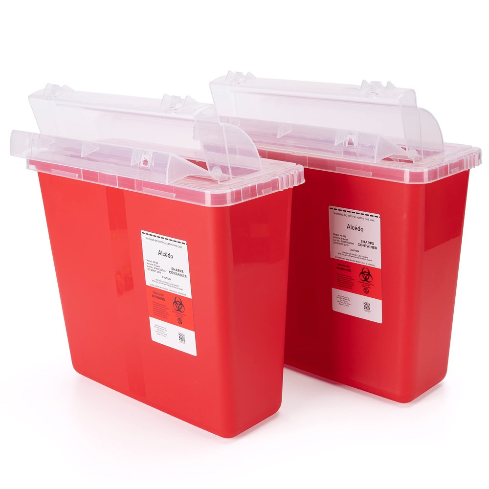 Alcedo Sharps Container for Home and Professional Use 5 Quart (2 Pack), Biohazard Needle and Syringe Disposal, Mailbox Style Lid, Medical Grade