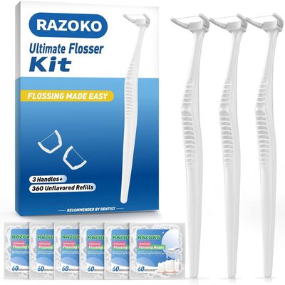 RAZOKO Dental Flosser Kit, Extra Strong Shred-Resistant Floss, for Hard to Reach Areas, PTFE & PFAS Free (3 White Handles + 360 Refills)