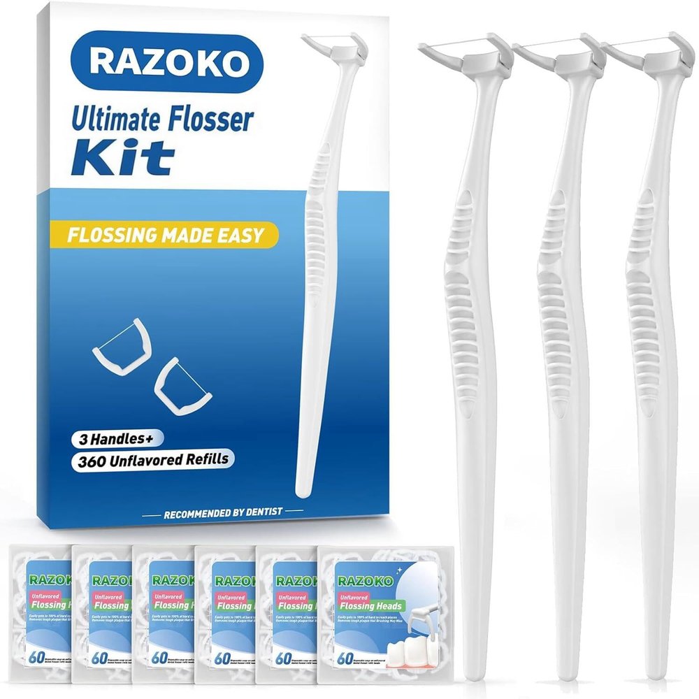 RAZOKO Dental Flosser Kit, Extra Strong Shred-Resistant Floss, for Hard to Reach Areas, PTFE & PFAS Free (3 White Handles + 360 Refills)