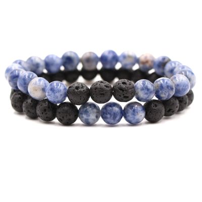 2Pcs Matte Lava Rock Volcanic Stone Beads Stretch Bracelet Stacking Essential Oil Diffuser Tiger Eye Seed Bracelet for Men Women Couple Stress Relief Aromatherapy Jewelry-G blue