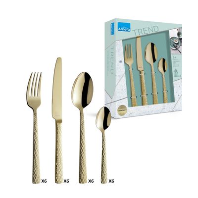 Amefa PVD Felicity Cutlery Set, Champagne, 24-Piece Dining Cutlery Set, for 6 People, 18/0 Stainless Steel, 13/0 Blade Steel, Hammered Handle with Knife, Fork, Spoon and Coffee Spoon