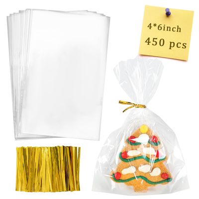 Labeol Cellophane Bags 450Pcs 4X6 Treat Bags with Ties Goodie Bag Clear Plastic Bag for Packaging Party Favor Gift Cookie Candy Bakery Christmas Valentines Day Easter Cellophane Wrap