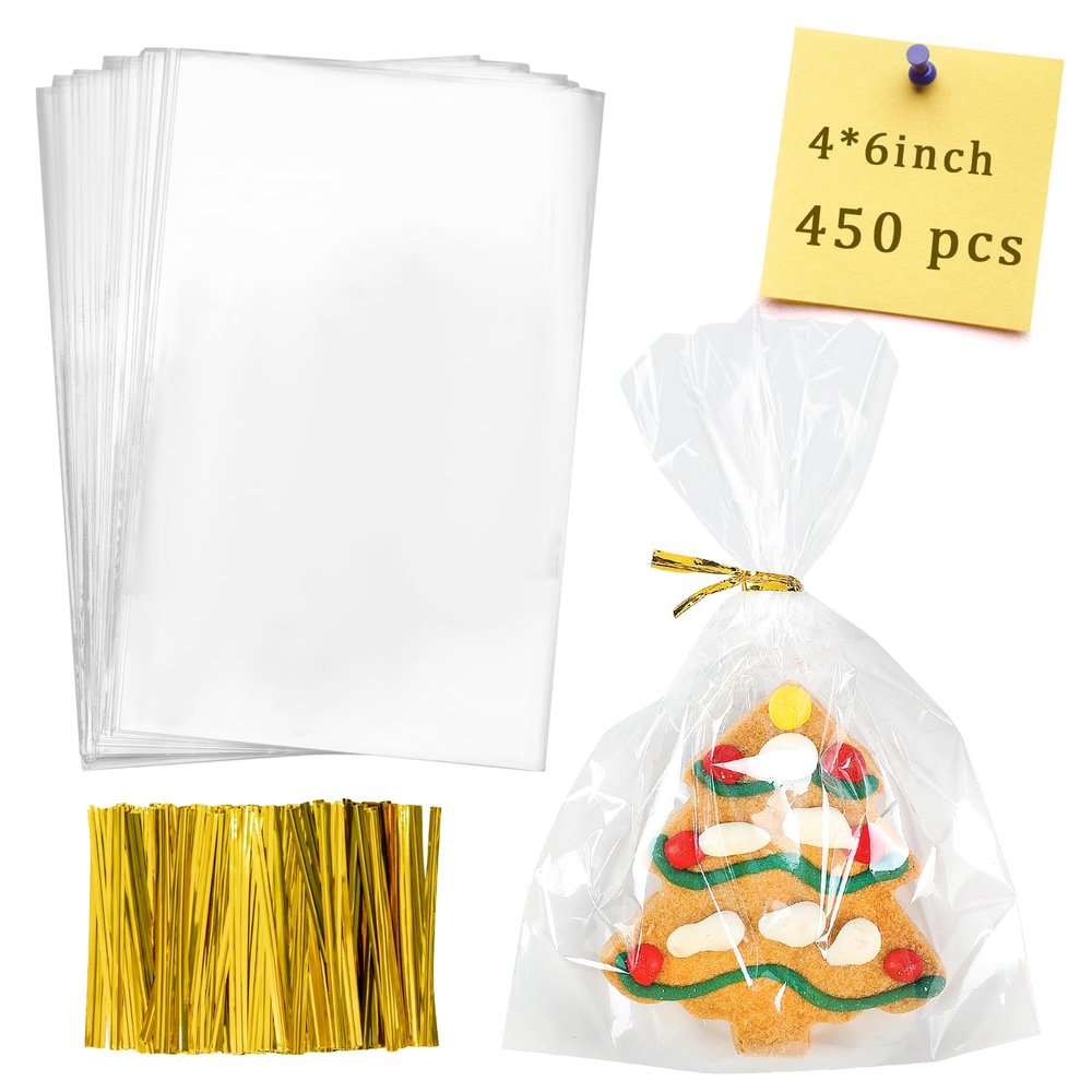 Labeol Cellophane Bags 450Pcs 4X6 Treat Bags with Ties Goodie Bag Clear Plastic Bag for Packaging Party Favor Gift Cookie Candy Bakery Christmas Valentines Day Easter Cellophane Wrap