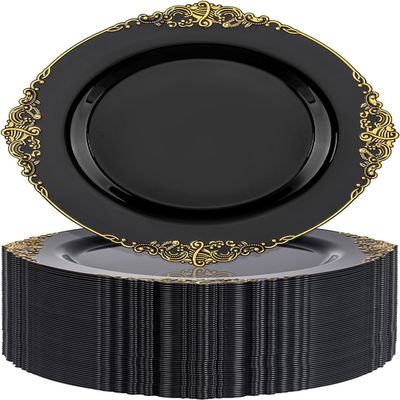 Nervure 100PCS Black Gold Plastic Plates - 7.5 inch Black Plastic Plates with Gold Rim - Disposable Dessert Plates for Wedding & Party