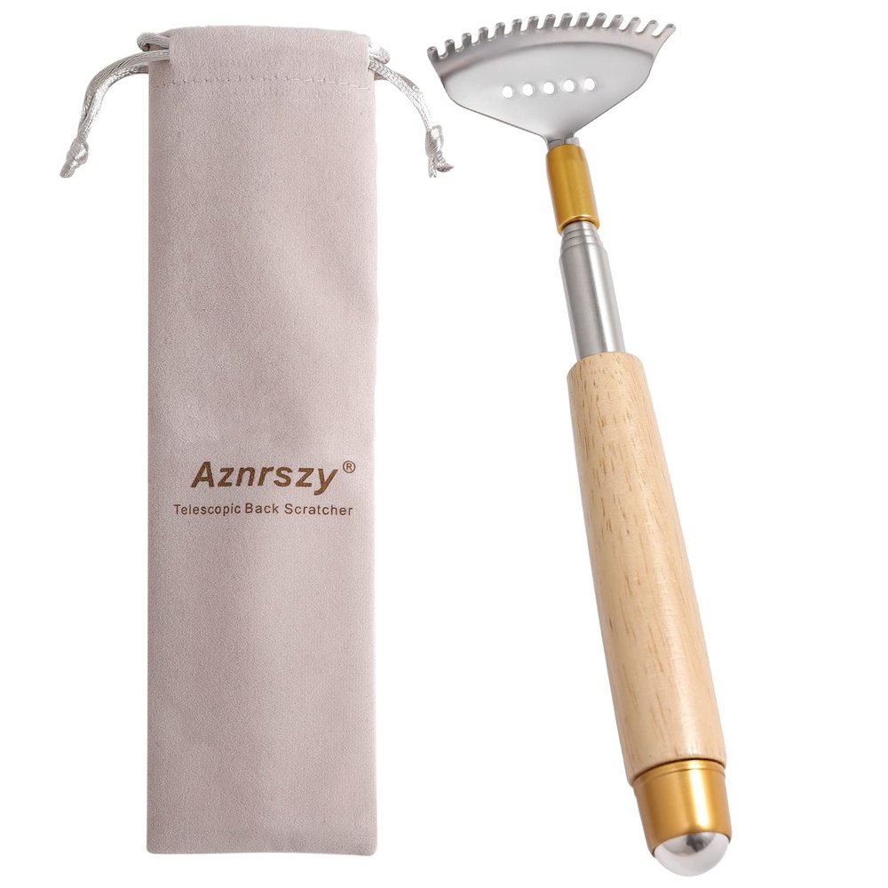 Aznrszy Best Telescoping Back Scratcher, Back-Scratcher for Women Men Kids with Wood Handle, Steel Massage Roller, Wide Claw, Handheld Head Scratcher Back Massager Extend Up to 24Inch
