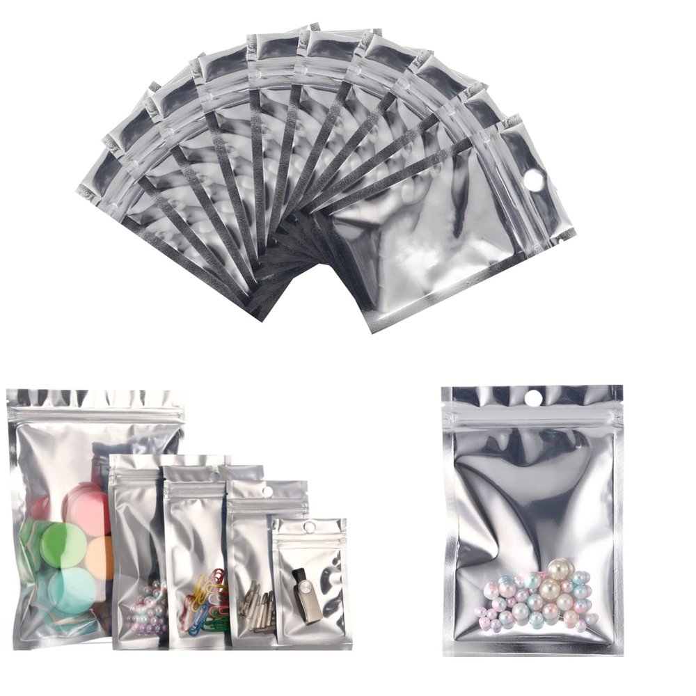 100 Pcs Resealable Mylar Bags Smell Proof Pouch Aluminum Foil Packaging Plastic Bag,Small Mylar Storage Bags For Candy,Jewelry,Screw(Silver, 3.5 x 6.3 inch)