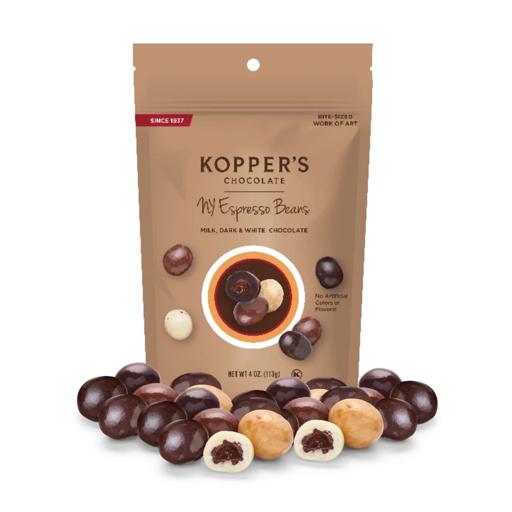 Koppers Chocolate Covered Espresso Beans NY Blend, Assorted Coffee Flavors, Cream, Cappuccino, Milk and Dark Chocolate, 4 Ounce