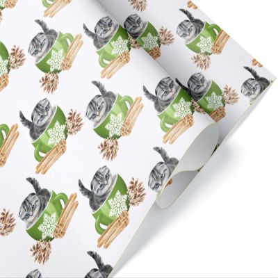 Cute Scottish Fold Cat Mug Christmas Wrapping Paper Premium Gift Wrap (12 foot x 30 inch roll)