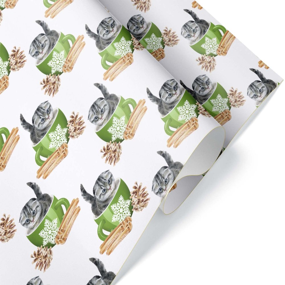 Cute Scottish Fold Cat Mug Christmas Wrapping Paper Premium Gift Wrap (12 foot x 30 inch roll)