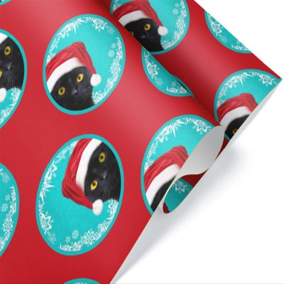 Funny Black Cat Christmas Wrapping Paper, Santa Hat Kitten Gift Wrap, Kitty Holiday X-Mas Present Decoration Decor (12 foot x 30 inch roll)
