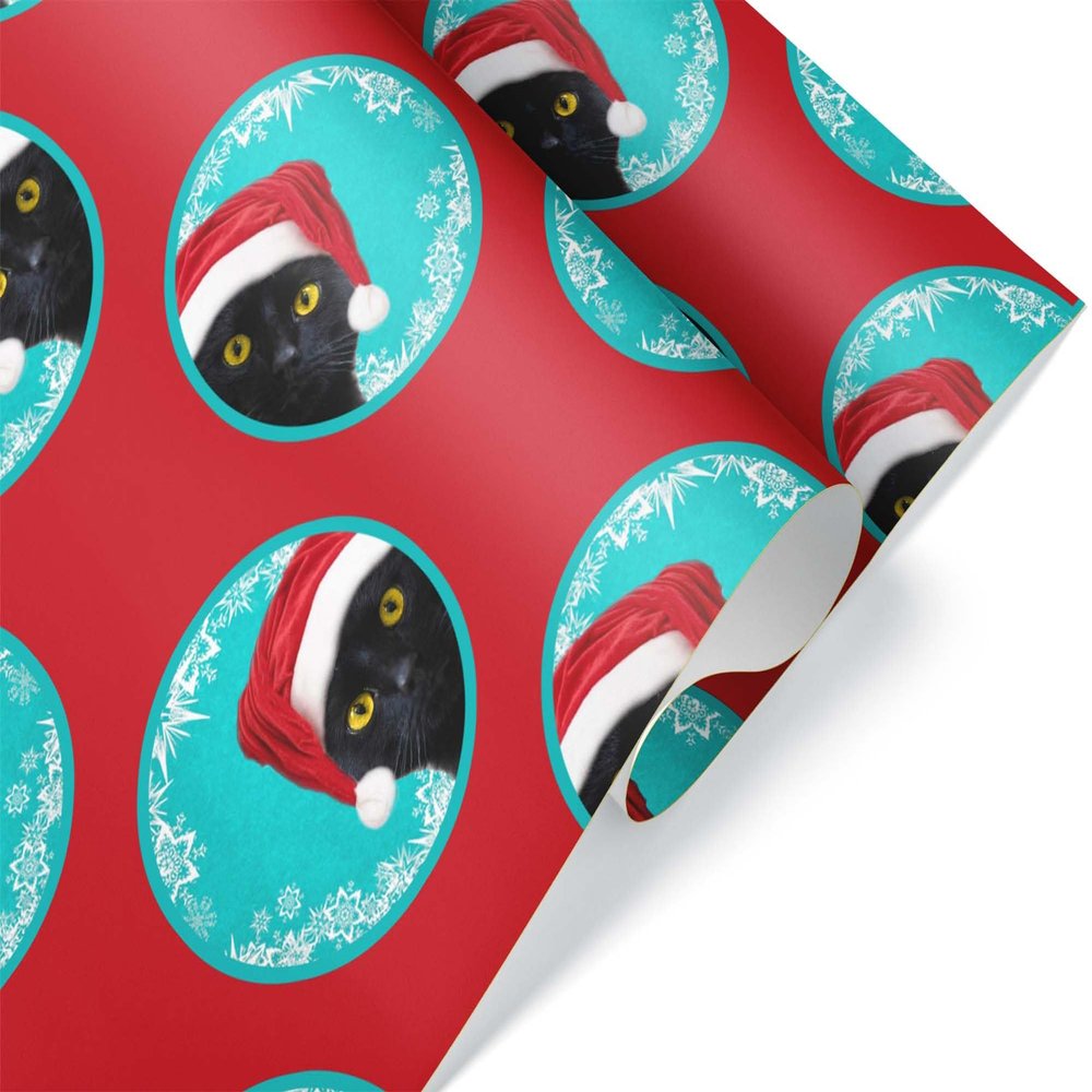 Funny Black Cat Christmas Wrapping Paper, Santa Hat Kitten Gift Wrap, Kitty Holiday X-Mas Present Decoration Decor (12 foot x 30 inch roll)