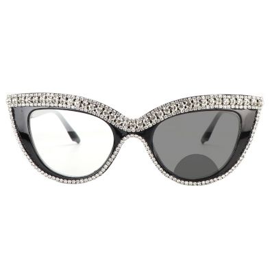 outdoor Bifocal Reading Glasses For Women with Rhinestone Transition Photochromic cat eye Sunglasses Reader U400 (white, 325 magnification)