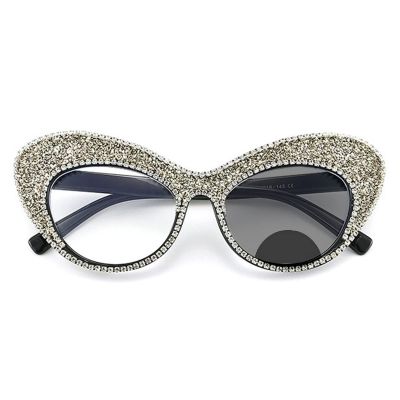 Oversized Womens Cat Eye Rhinestones Transition Photochromic Progressive Bifocal Reading Glasses Sunglasses (black, 225 magnification)