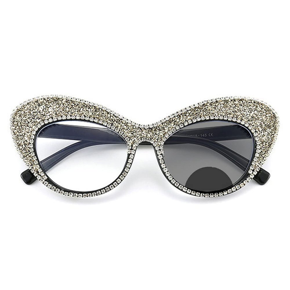 Oversized Womens Cat Eye Rhinestones Transition Photochromic Progressive Bifocal Reading Glasses Sunglasses (black, 225 magnification)