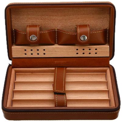 HongLianRiven Cigar Box Humidor Cigar Case Holder Zipper Leather Wood Storage Humidor Box Not Include Cigar Cutter and Lighter (Color : Brown)