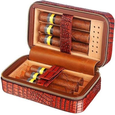 HongLianRiven Cigar Box Humidor Cigar Case Travel Genuine Leather Humidor, Cedar Wood Lined with Humidifier and Removable Trays