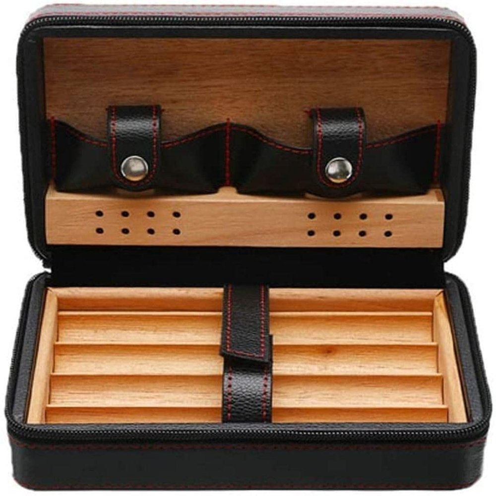 HongLianRiven Cigar Box Humidor Cigar Case Holder Zipper Leather Wood Storage Humidor Box Not Include Cigar Cutter and Lighter (Color : Black)