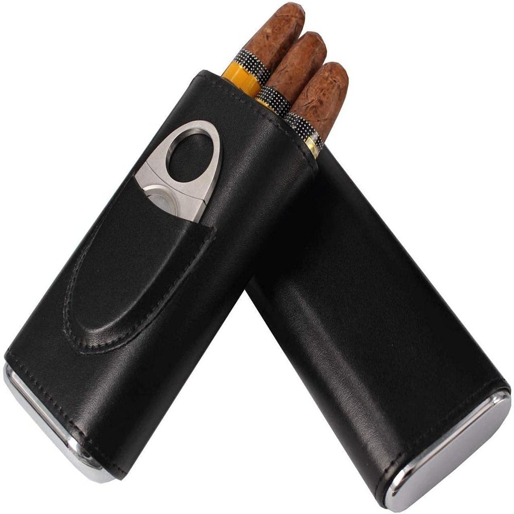 HongLianRiven Cigar Box Humidor Classic Leather 3 Fingers Cigar Case with Cedar Wood Lining,Stainless Steel Cutter Contained