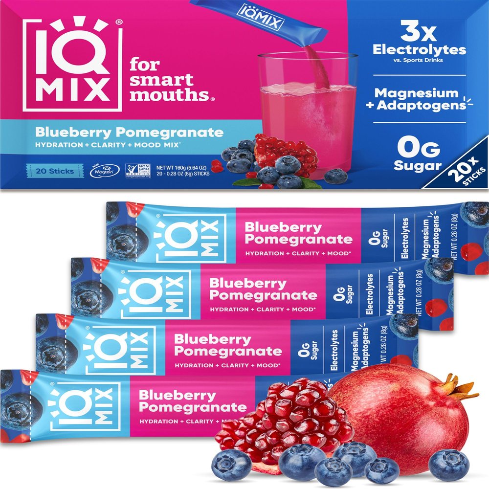 IQMIX Hydration Electrolyte Powder  4-in-1 Formula for Hydration, Mental Clarity, Mood and Recovery  Sugar-Free Drink Mix, Keto, Magnesium L-Threonate, Lions Mane  20 Count Blueberry Pomegranate