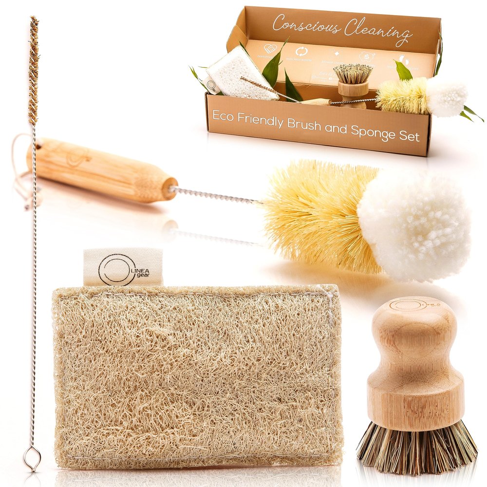 Bamboo Dish Brush Set Eco Kitchen Cleaning Kit | Bottle Brush, Straw Brush, Scrubber & Sponge | Plastic-Free, Space-Saving, Sustainable