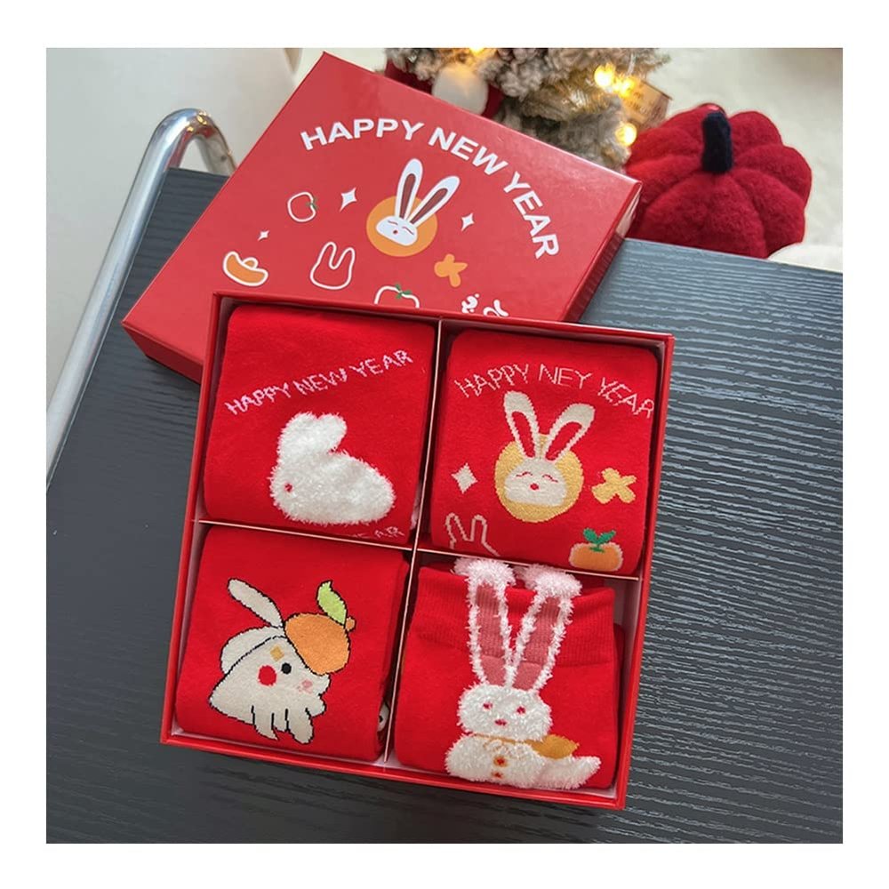 Chinese New Year Red Socks, 2022 Spring Festival Red Cotton Socks, New Year Christmas Good Luck Socks with Gift Boxes, 4 Pair (Color : Red-A, Size : 34-39)