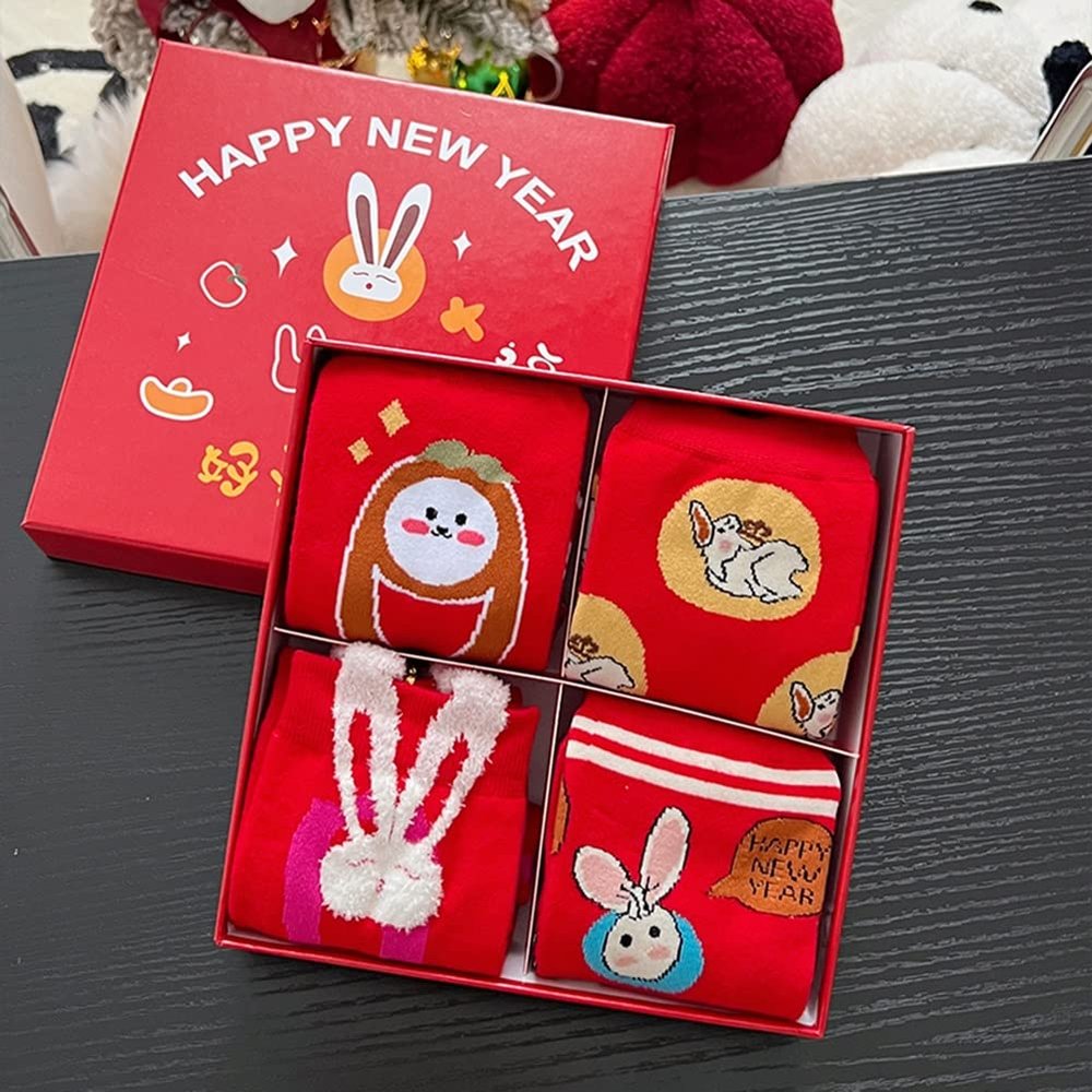 Chinese New Year Red Socks, 2022 Spring Festival Red Cotton Socks, New Year Christmas Good Luck Socks with Gift Boxes, 4 Pair (Color : Red-B, Size : 34-39)