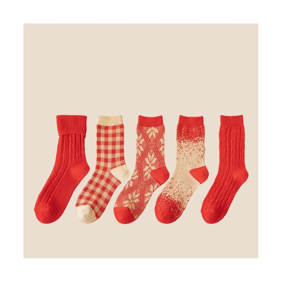 Chinese New Year Red Socks, 2020 Cotton Women's Mid-Tube Socks, Spring Festival Gift Boxed Stockings, 5 Pair (Color : Red-C, Size : 34-39)