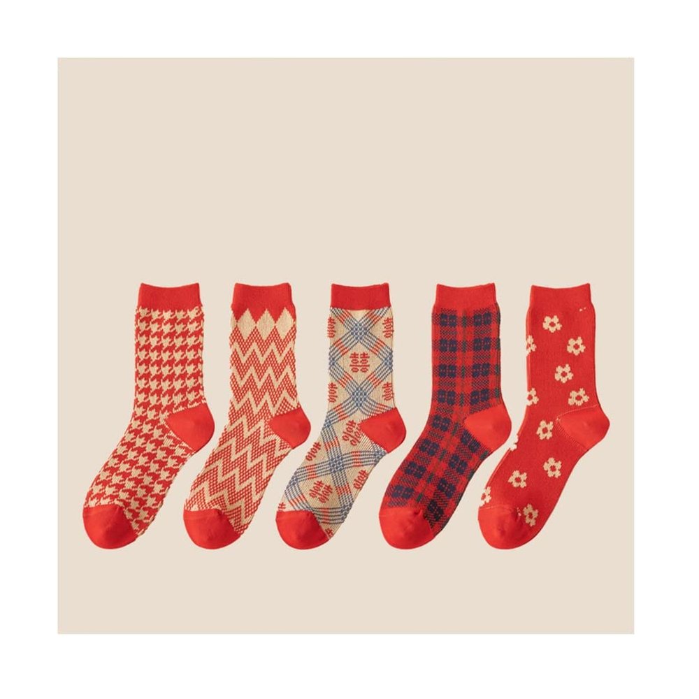 Chinese New Year Red Socks, 2020 Cotton Women's Mid-Tube Socks, Spring Festival Gift Boxed Stockings, 5 Pair (Color : Red-B, Size : 34-39)