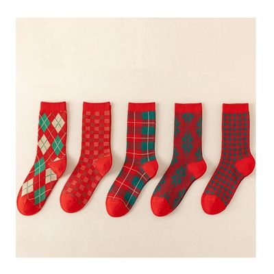 Chinese New Year Red Socks, 2020 Cotton Women's Mid-Tube Socks, Spring Festival Gift Boxed Stockings, 5 Pair (Color : Red-A, Size : 34-39)