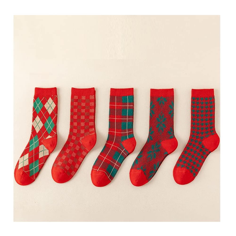 Chinese New Year Red Socks, 2020 Cotton Women's Mid-Tube Socks, Spring Festival Gift Boxed Stockings, 5 Pair (Color : Red-A, Size : 34-39)