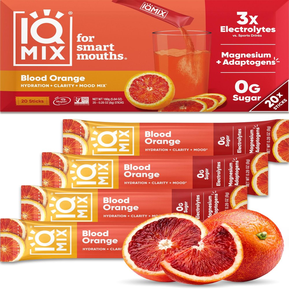IQMIX Hydration Electrolyte Powder  4-in-1 Formula for Hydration, Mental Clarity, Mood and Recovery  Sugar-Free Drink Mix, Keto, Magnesium L-Threonate, Lions Mane  20 Count Blood Orange