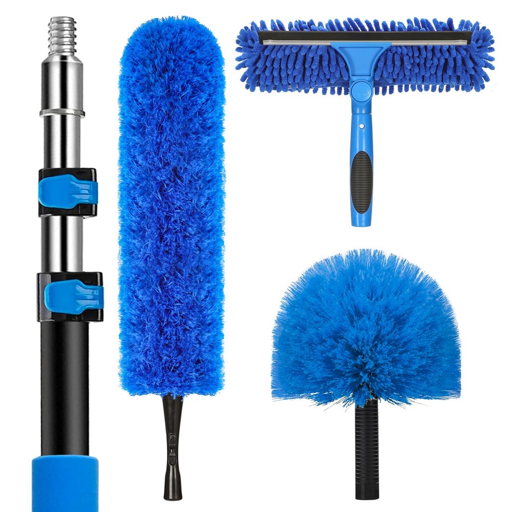 20 Feet High Reach Duster Kit with 5-12 Ft Extension Pole, Cobweb Duster with Telescoping Pole, Window Squeegee with Scrubber, Spider Web Brush, High Ceiling Fan Duster for High Window, Interior Roof