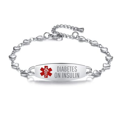 LinnaLove Heart Medical alert bracelet for Women Fashion Medical ID bracelets with Free engravingSilver-DIABETES ON INSULIN 