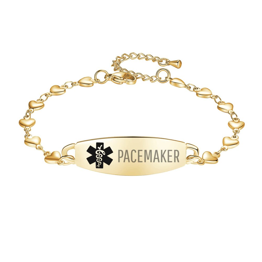 LinnaLove Heart Medical alert bracelet for Women Fashion Medical ID bracelets with Free engravingGold-PACEMAKER 