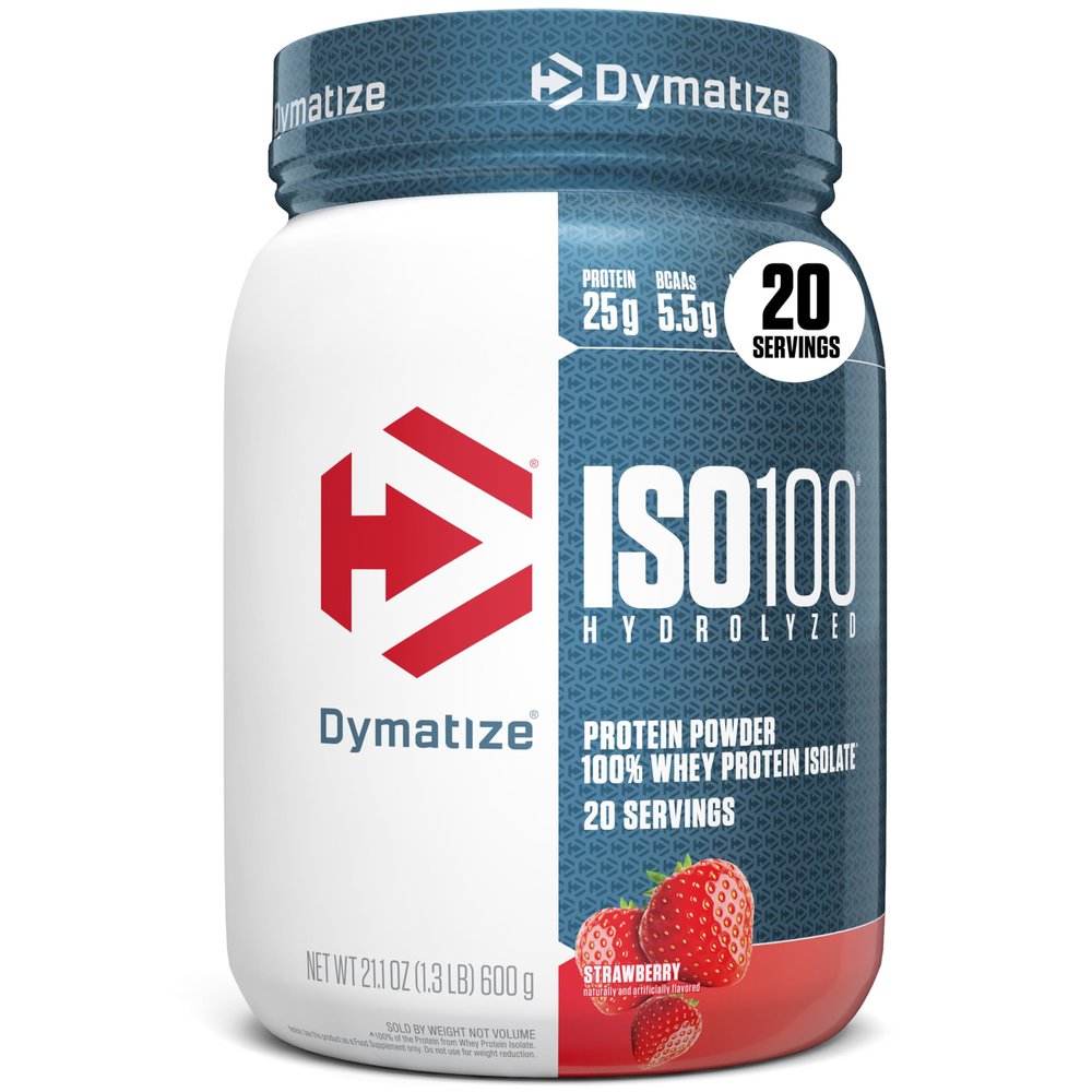 Dymatize ISO100 Whey Protein Powder Isolate, Strawberry, 25g of Protein, 5.5g BCAAs, Less Than 120 Cal., Gluten Free, 1g Fat, 1g Sugar, 2g Carb (20 Servings)
