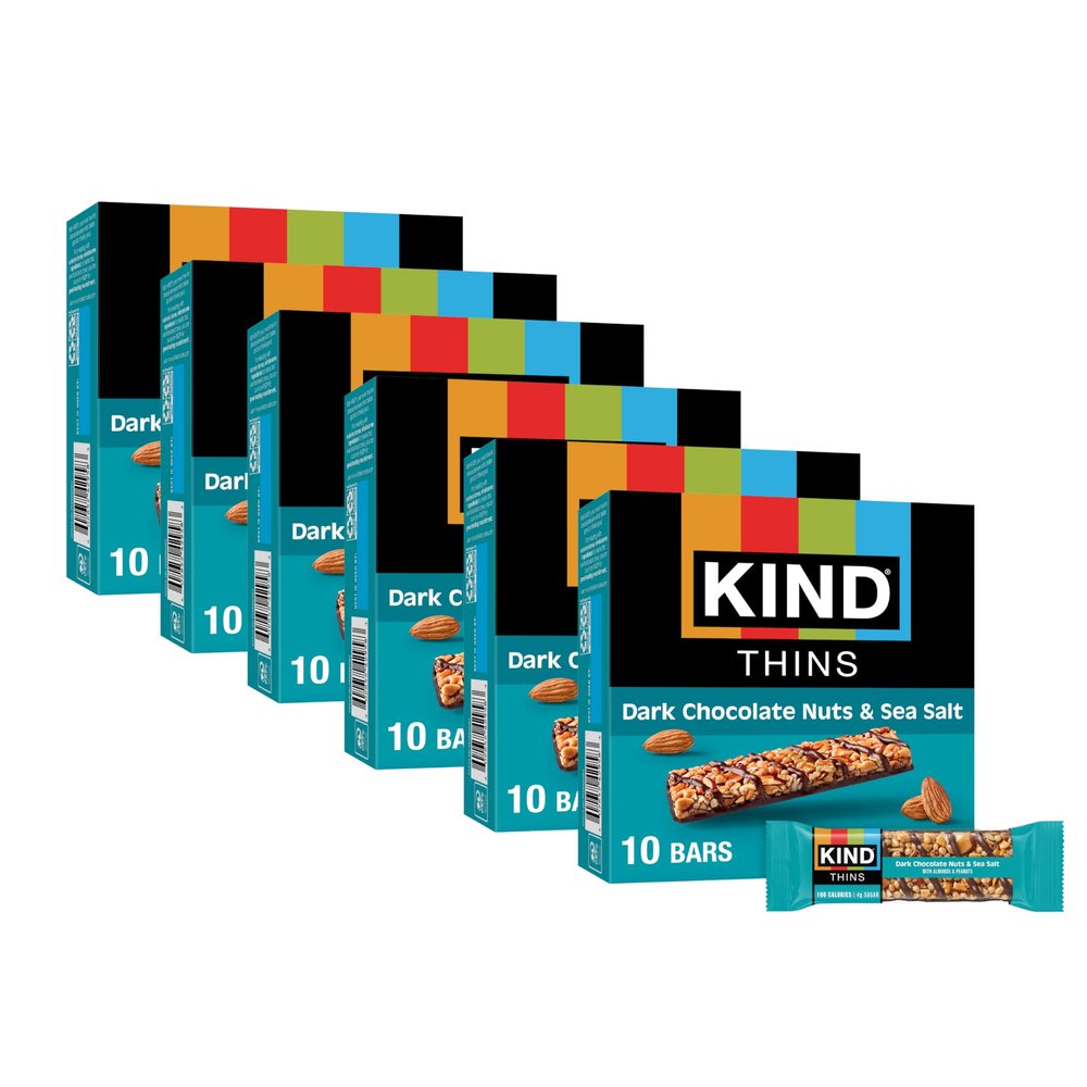 KIND THINS Dark Chocolate Nuts & Sea Salt Bars, 0.74 Ounce, 10 Count, Gluten Free Snacks, 4g Sugar (60 Bars)