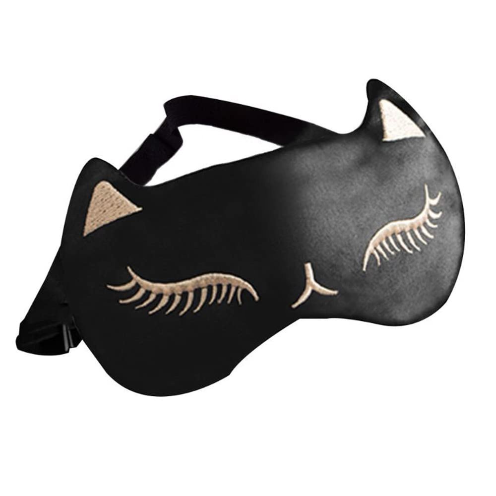 AKOAK 1 Pack Sleeping Eye Mask Cute Cat Silk Sleeping Eye Mask Breathable Comfortable Light Proof Sleep Protective Eye Mask with Adjustable Lacing for Girls, Kids, Women Traveling for Naps (Black)