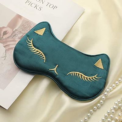 AKOAK 1 Pack Sleeping Eye Mask Cute Cat Silk Sleeping Eye Mask Breathable Comfortable Light Proof Sleep Protective Eye Mask with Adjustable Lacing for Girls,Women Traveling for Naps (Deep Green)
