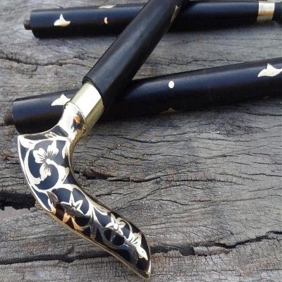 Antique Brass Cane Designer, Wooden Walking Stick Handmade Wooden Stick Golden Flower Leaf Cane Handmade Walking Stick Solid Wood Stick by Global Crafts., Black and Silver